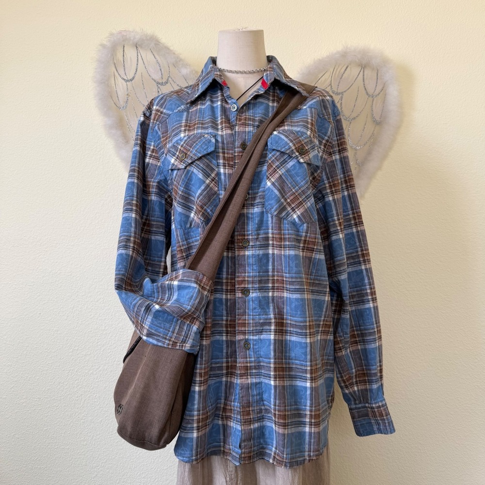 Indie‎ Skater Grunge Plaid Oversized Shirt Button Up Long Sleeve Dad Blue Brown